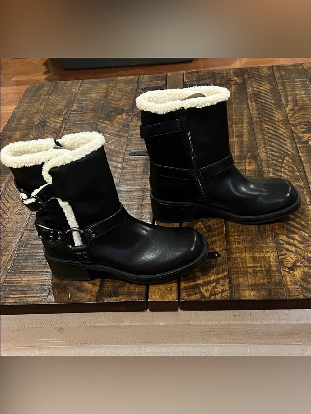 Black Moto leather buckle winter ankle Boots Shearling trim Lining Falls Creek